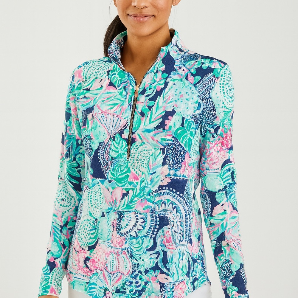 Lilly Pulitzer Cats Navy and Pink Floral Half-Zip Popover Jacket Size Small - Picture 16 of 16